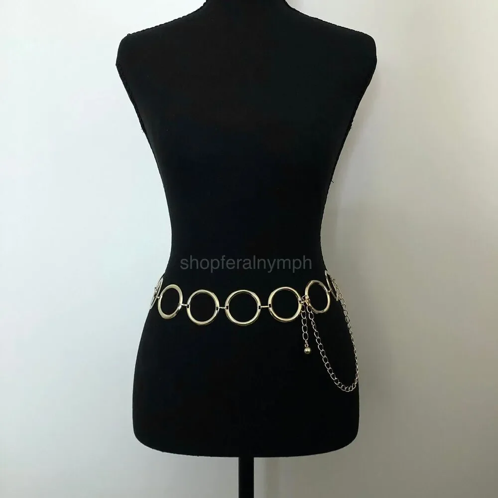 Vintage Y2K Retro Gold Open Circle Chain Belt, Fits 25–44 Inches, X7GA1191